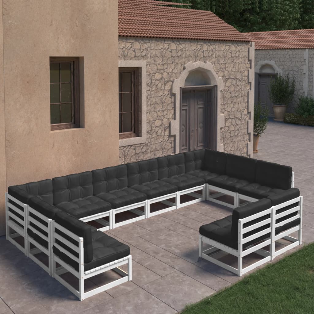 12-tlg. Garten-Lounge-Set mit Kissen Weiss Kiefer Massivholz